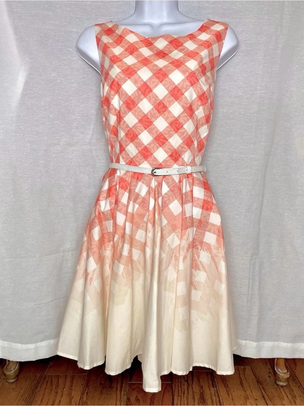 LC Lauren Conrad Orange Plaid Gingham Pleated Fit Flare Sleeveless Dress SZ 14